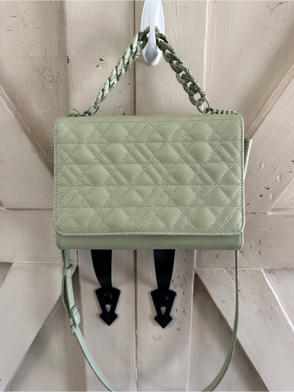 Betsy Johnson Sage Green Quilted Crossbody Shoulder Bag Floral Lining